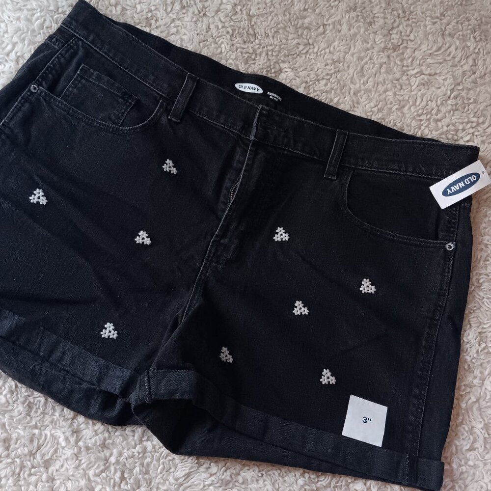 Old Navy Black Floral Denim Shorts - Boyfriend Mid Rise Daisy Flowers Sz 16 NWT